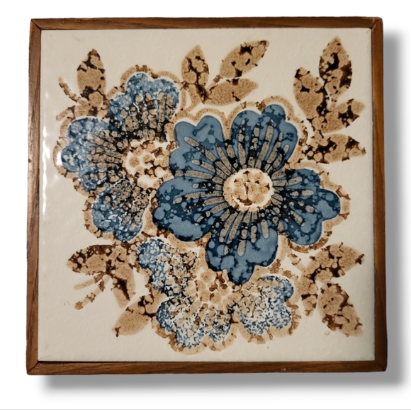 Vintage Blue and Brown Floral Tile And Dark Wood Trivet, Set Of 2 - Picture 2 of 2
